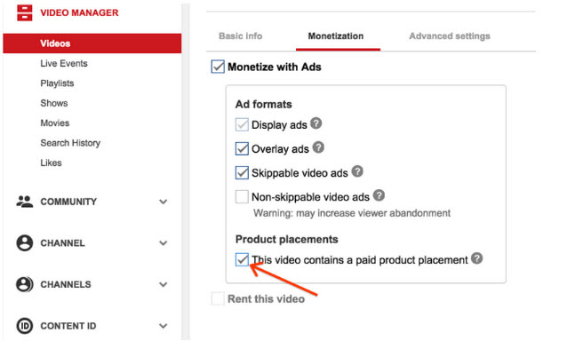 youtube's paid product placement disclosure 